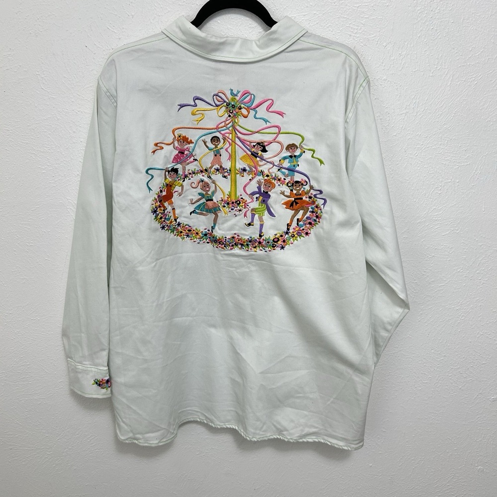 Bob Mackie Shimmery Embroidered Kids Maypole Flowers White Shirt / Coat Wm's 1X